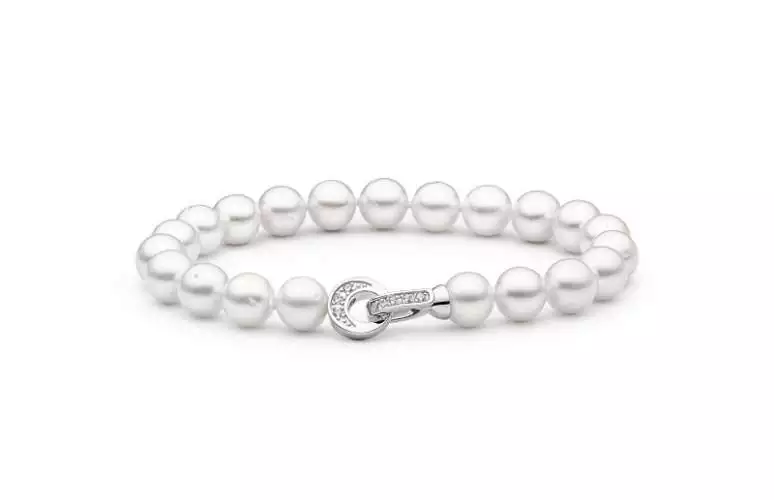 Elegantes Design-Perlenarmband weiß rund 7-8 mm, Designverschluss mit Zirkonia 925er Silber, Gaura Pearls, Estland